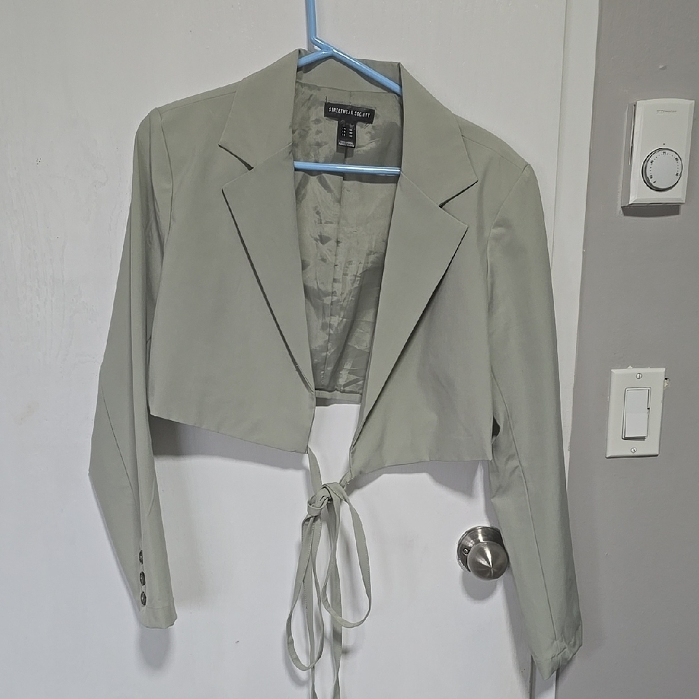 Women's Sage Green Cropped Wrap Around -Front Jacket Cropped Blazer - Size  M